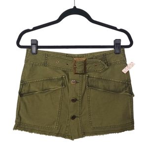 FREE PEOPLE Olive Green Button Front Belted Raw Hem Mini Skirt 2 X-Small NWT